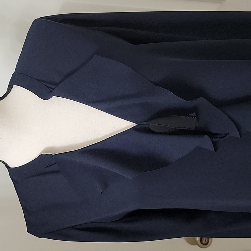 Banana Republic Size S Navy Blue V-Neck w/ Ruffle Front Blouse, Exc. Used Cond. - Picture 2 of 12